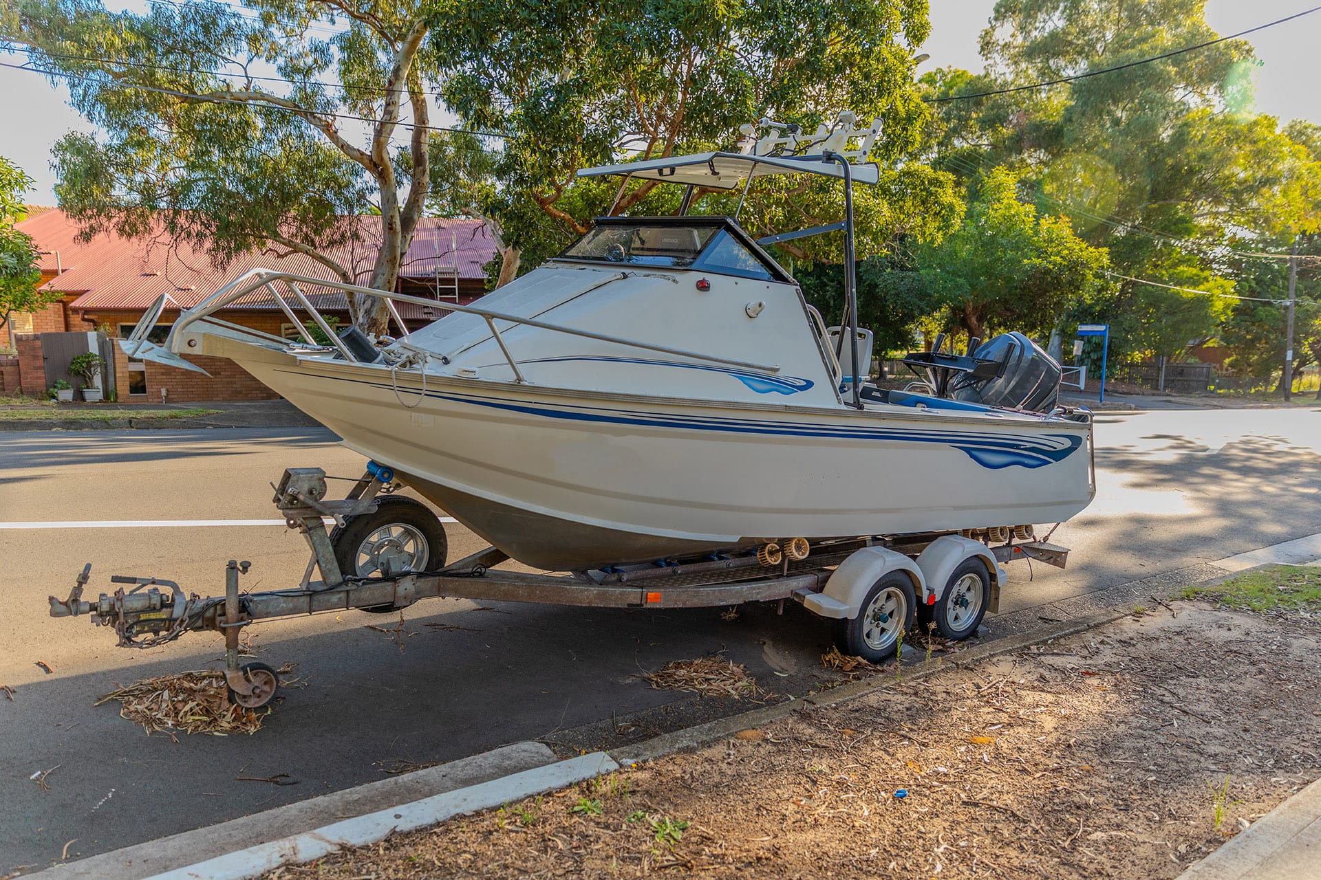 Boat parked outside.